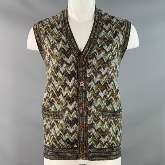 MISSONI SPORT Vintage Size M Green Grey Zig Zag Wool Blend Two Pockets Knit Vest - Picture 1 of 9